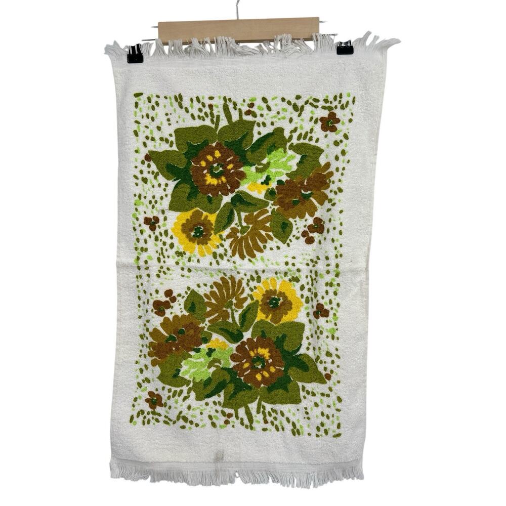 Vintage Cannon Green Brown Floral Hand Towel 24”x16” MCM
